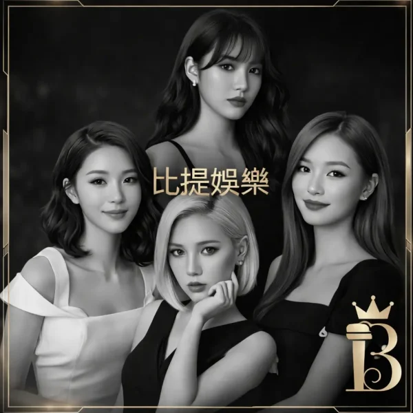 台中傳播-比提娛樂宣傳照片-內有四名比提娛樂公關-比提娛樂字樣與網站標誌